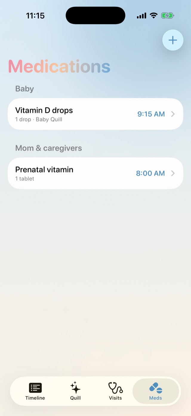 Medications screen with schedules for the baby and for mom