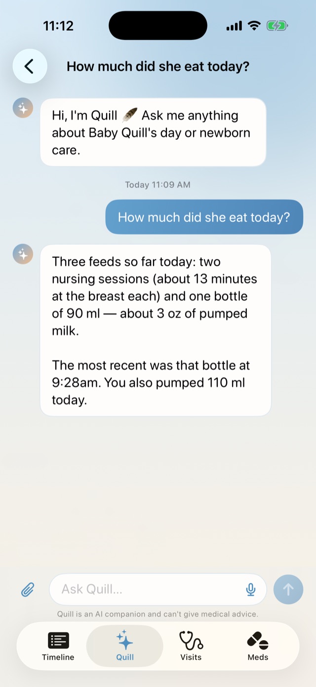 Quill chat answering how much the baby ate today using the family's own log